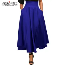 SEBOWEL синяя Ретро Высокая талия плиссированная поясом макси юбка Женская Плюс Размер винтажная длинная короткая юбка-трапеция XXL