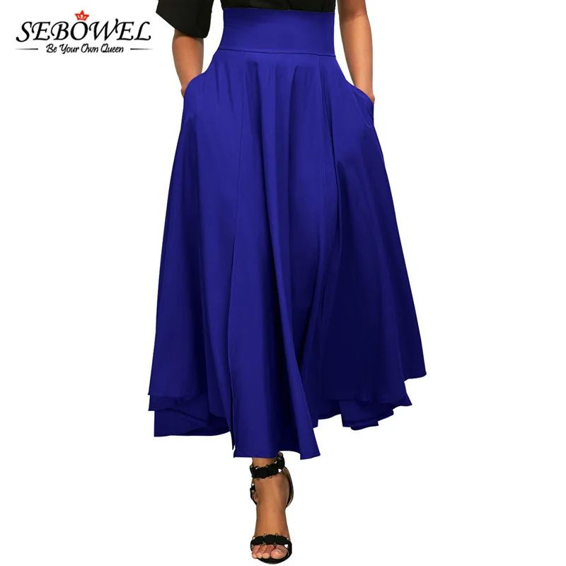 

SEBOWEL 2018 Blue Retro High Waist Pleated Belted Maxi Skirt Women Plus size Vintage Long Skater Skirts Ladies A-Line Skirt XXL