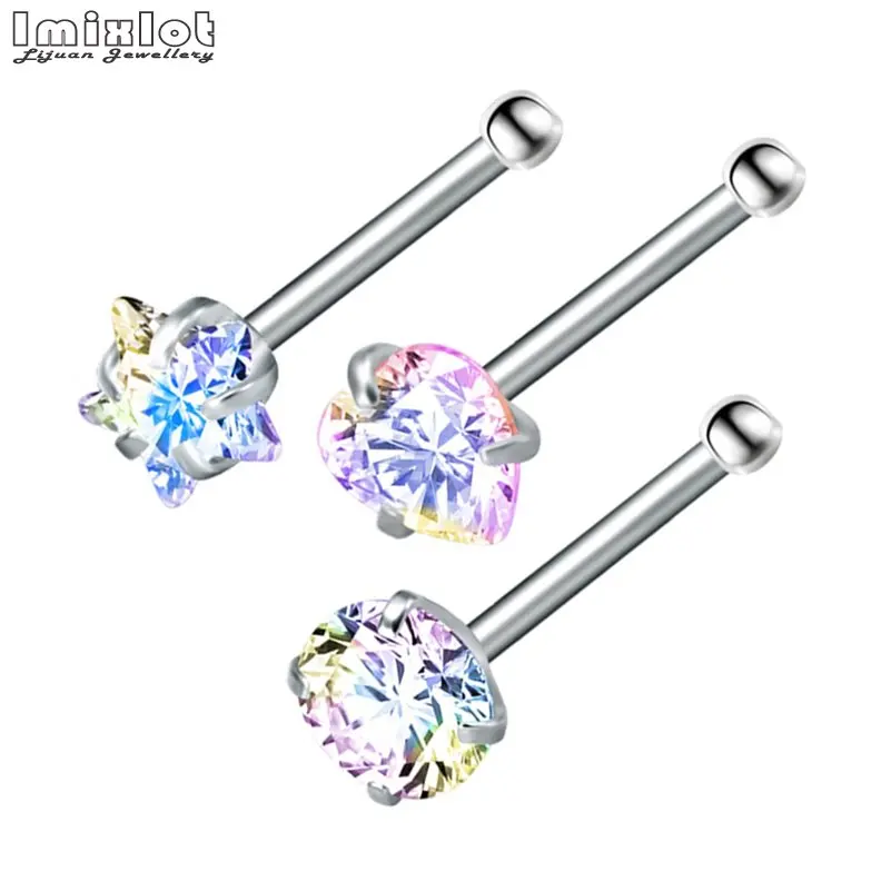 

3 Pcs/Lot Star Heart Rhinestone Nose Studs Stainless Steel Nose Piercing Pin Earrings Crystal Nariz Nose Rings Body Jewelry