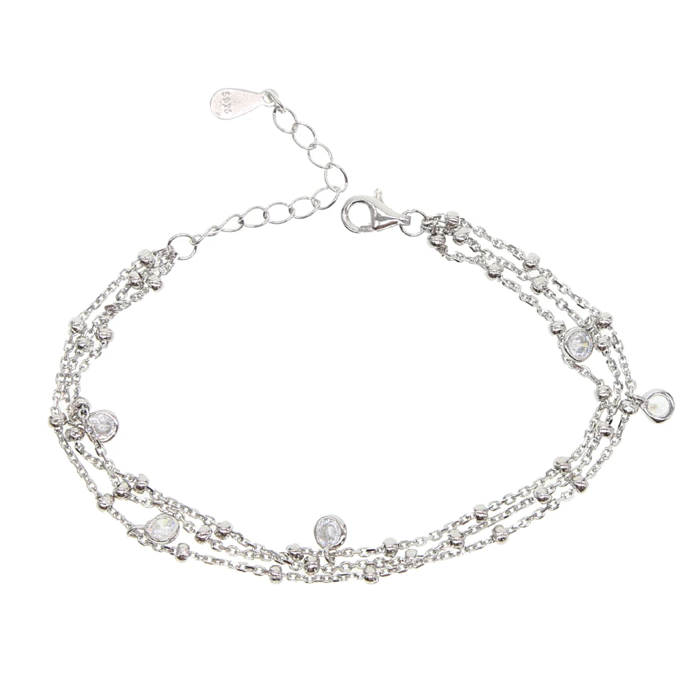 

100% 925 sterling silver three wrap 3 layer chain cz drop charm elegant fine chain girl women silver jewelry chain bracelet