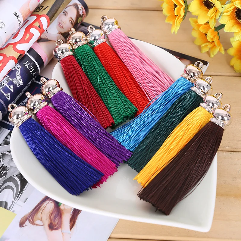 

10Pcs/lot 80mm Mix Color Silk Satin Tassel Charm Necklace Earring Findings Tassels For Jewelry Making Gold Caps Mob Straps