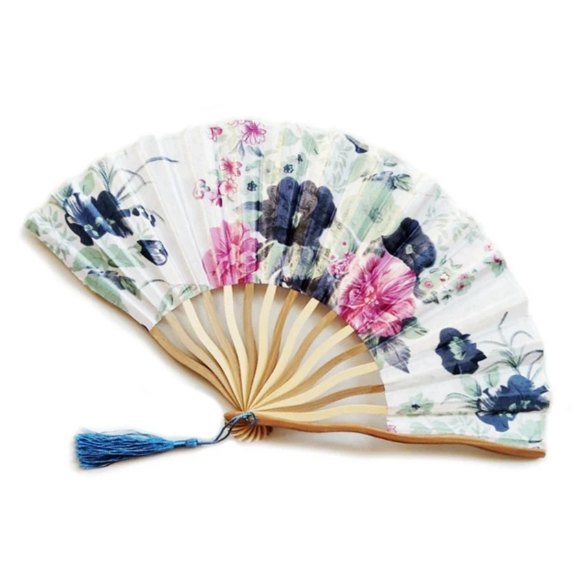 

10pcs Flower Pattern Hand Held Fan Silk Bamboo Folding Fan Handheld Folded for Church Wedding Party Hand Fan Cool Personalized