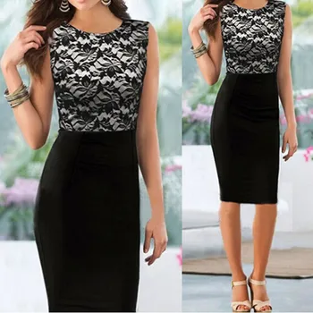 

Women Elegant Black Lace Splice Slim Sleeveless Party Evening Pencil Dress