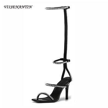 

VIISENANTIN Sexy Black Rhinestone Straps Sandal Shoe Open Toe Roman Thin Heel Sandal Bootie Knee Strap Summer Shoe