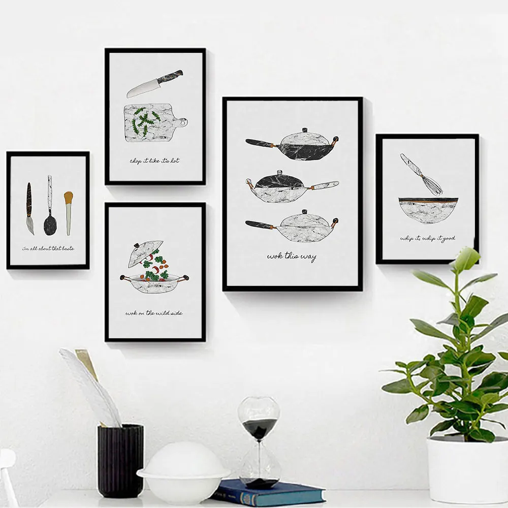 

Nordic Style Pan Knife Kitchen Tool Poster and Prints for Kitchen Room Decoration Black Metal Organic Glass Framed