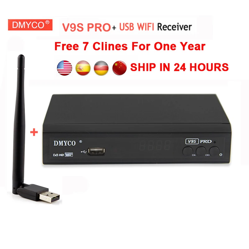 Koop 1 jaar Europa 7 Clines voor Spanje V9S Pro DVB S2 Satellietontvanger 1080 p HD lnb satelliet tv decoder met USB Wifi TV Receptor