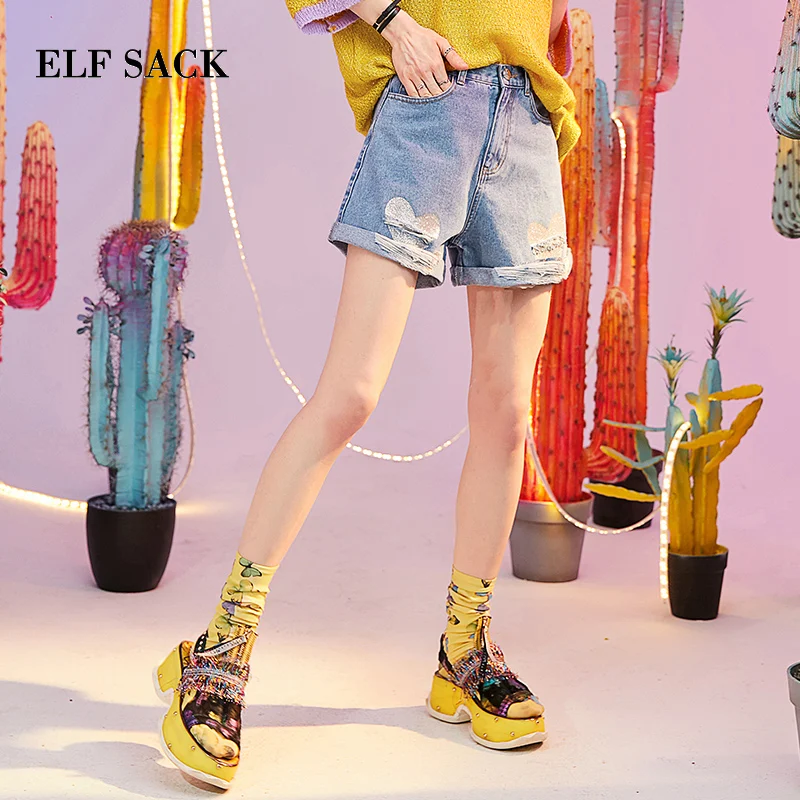 

ELF SACK Cotton Casual Woman Short Straight Hole Women Shorts Mid Waist Denim Woman's Clothing Stylish Streetwear Ladies Jeans
