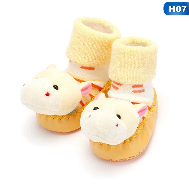 Милые носки с рисунками животных для маленьких мальчиков и девочек Нескользящие теплые носки-тапочки на резиновой подошве для малышей - Цвет: H07