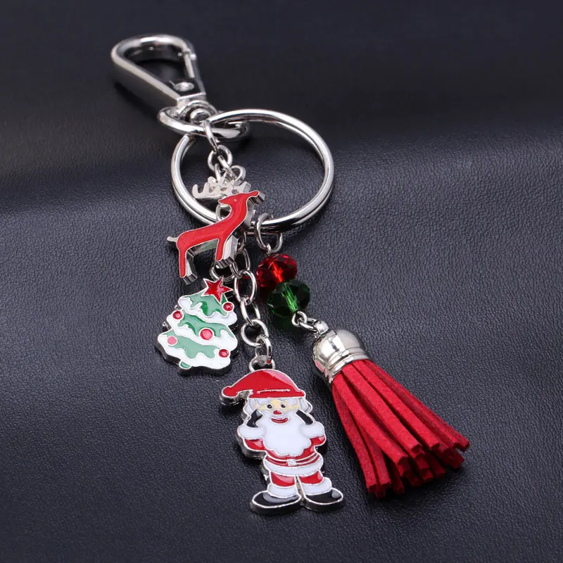 New Alloy Santa Claus Tree Deer Keychains Keyrings Charm Pendant with Tassel Christmas Gifts Party Decor