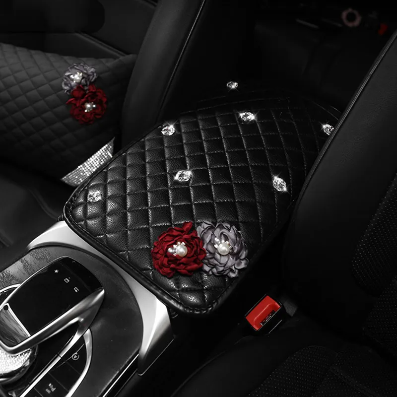

Crystal Leather Car Armrest Pad Cover for Armrests Center Console Flower Car Armrest Cushion Universal Size Box Covers Women