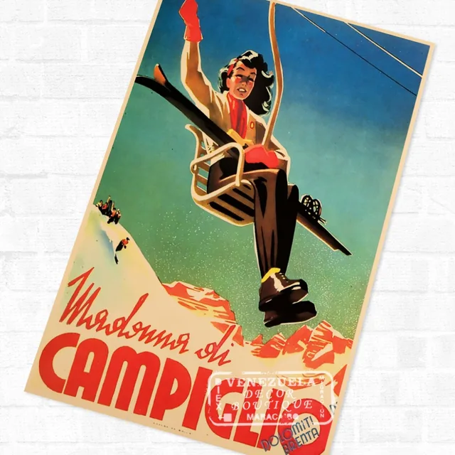 Skiing in Campiglio Italy Ski Vintage Retro Kraft Travel Poster Decorative DIY Wall Sticker Home Bar Posters Decoration Kid Gift
