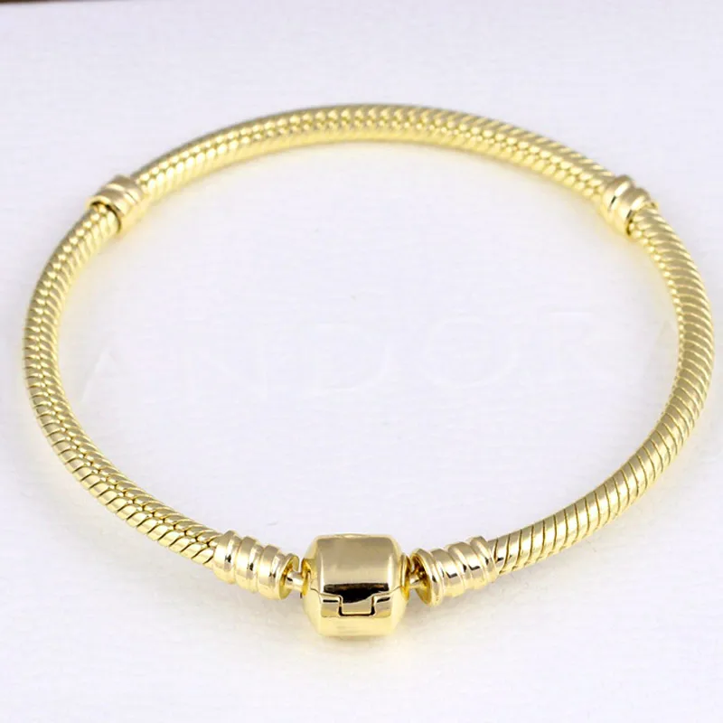 

925 Sterling Silver Anklets Gold Color Barrel Clasp Snake Chain Basic Bracelet Bangle For Women Bead Charm DIY Fine Jewelry