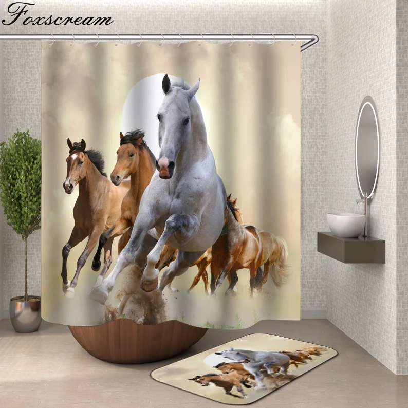 

Horse shower curtain With Hooks fabric Animal 3d bathroom shower curtains bathroom curtain hooks waterproof Curtain Or Mat