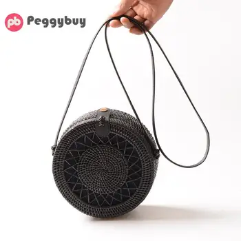 

New Black Round Rattan Bags For Women Boho Beach Crossbody Bag Straw Handmade Woven Circle Shoulder Bag Female Handbags
