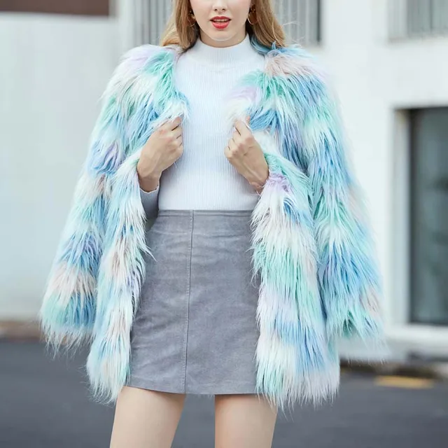 Runway Fashion Women Winter Fur Coat Luxury Sweet Colorful