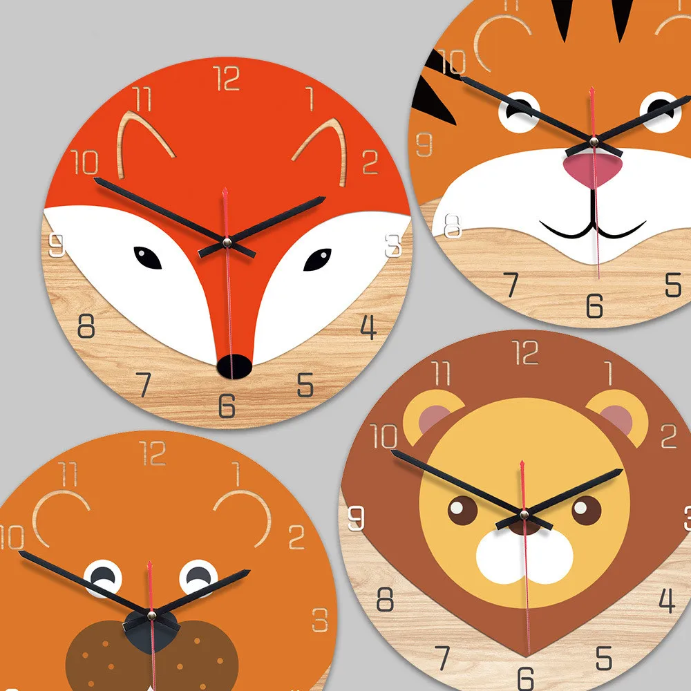 

12" Cartoon Smile Squirrel Fox Lion Wood Wall Clock Home Room Decor Creative Clock Child Girls Gift