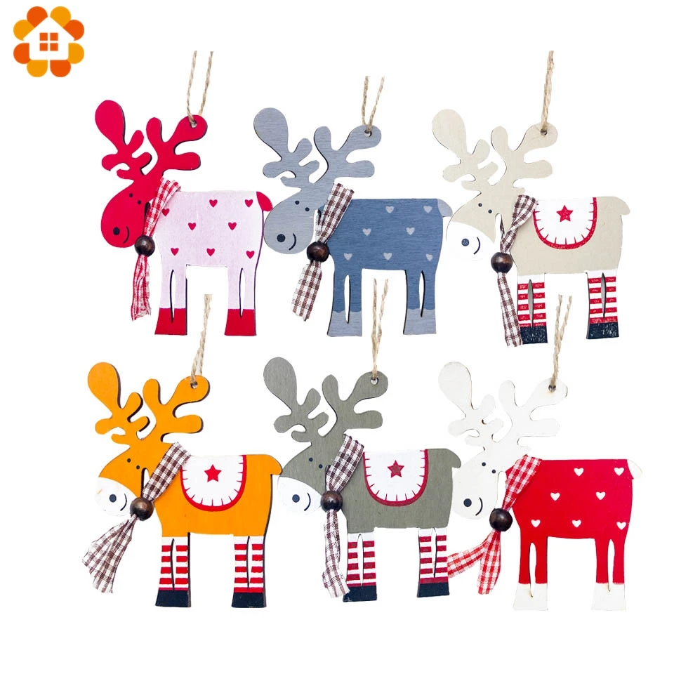 3PCS Christmas Cartoon Deer Wooden Pendants Ornament Colorful Xmas Tree Ornament Wood Crafts For Home Christmas