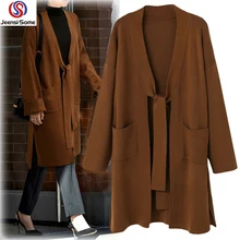 Woman Casual Loose Fit Sash Elastic Long Sleeve Knitted Cardigan Coat Tops With Tie Soft Sweater Fashion Autumn