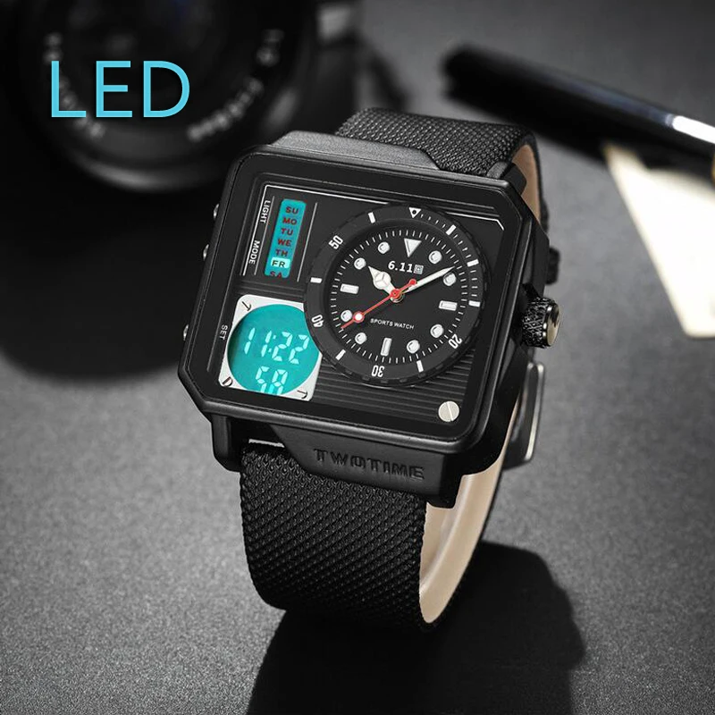 

6.11 Mens New Fashion Square Double Time Display Leather Band Waterproof LED Digital Watch Men Sport Watch relogio masculino