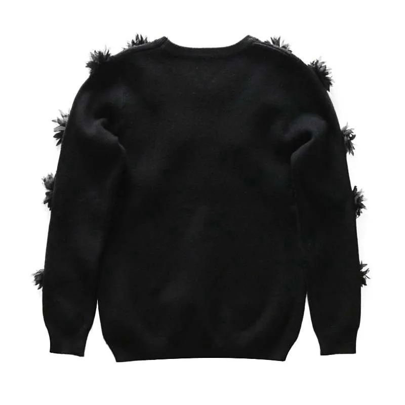 Cakucool New Black Sweater 3D Floral Embroidery Jumpers O Neck Spring Long Sleeve Knit Pullover Cute Elegant Pull Femme korean | Женская