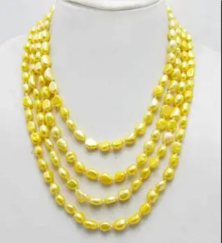 

Beautiful 80" Trendy Women Necklace with Yellow Natural Pearl Baroque 7-9mm