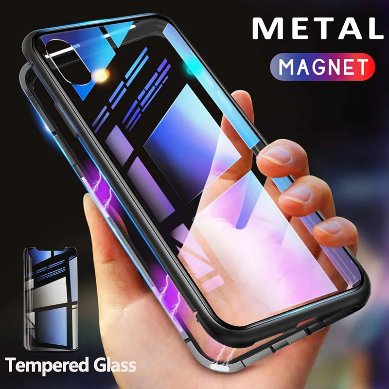 GETIHU Metal Magnetic Case for iPhone XR XS MAX X 8 Plus 7 +Tempered Glass Back Magnet Cases Cover for iPhone 7 6 6S Plus Case