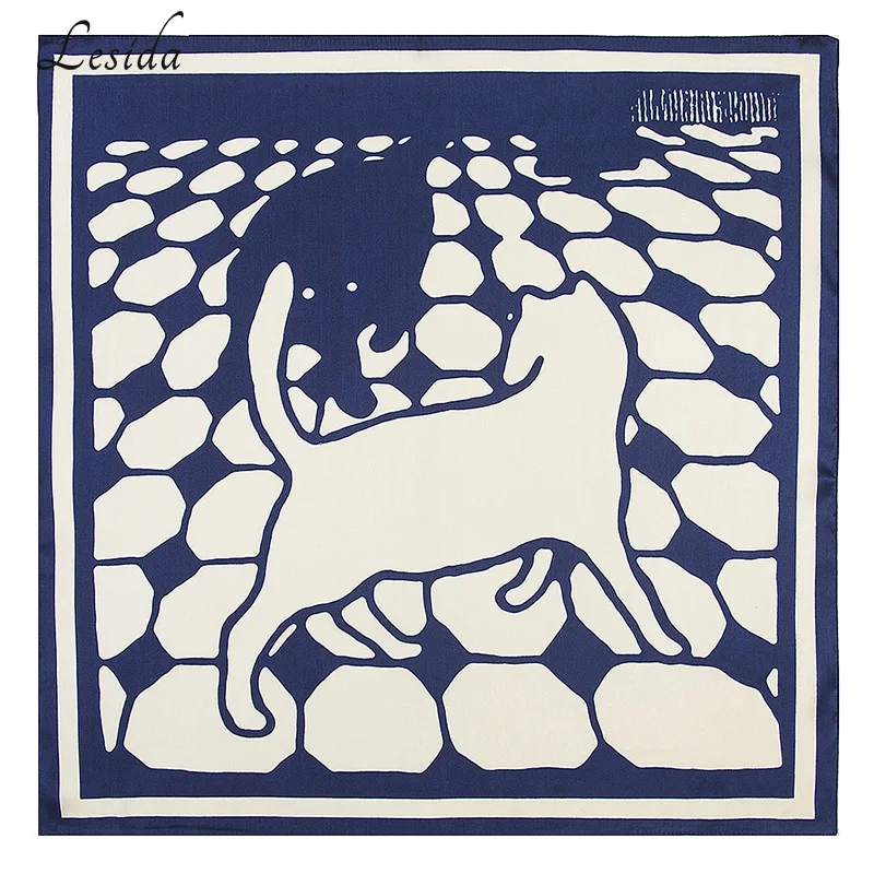 

2019 New Luxury Brand Geometric Block Cat Women Twill Silk Scarf Small Square Scarves Print Headband