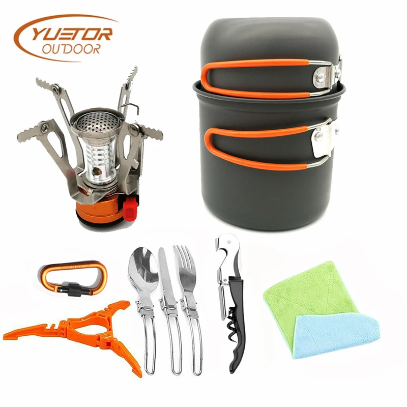 

YUETOR OUTDOOR Pot Pan Mini Stove Camping Hiking Tableware Cookware Picnic Cooking Set Non-stick Bowls Foldable Spoon Fork Knife