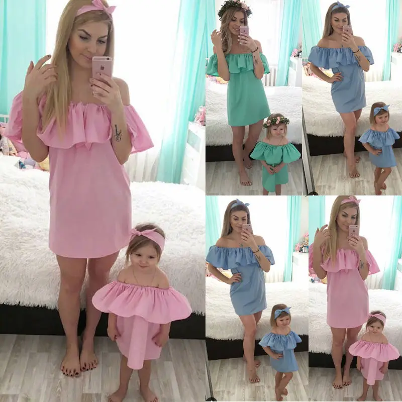 

Fashion Family Clothing Mommy And Me Off Shoulder Dresses Mother Daughter Girl Dress Butterfly Collar Cute Clothes Outfit 6M-3T