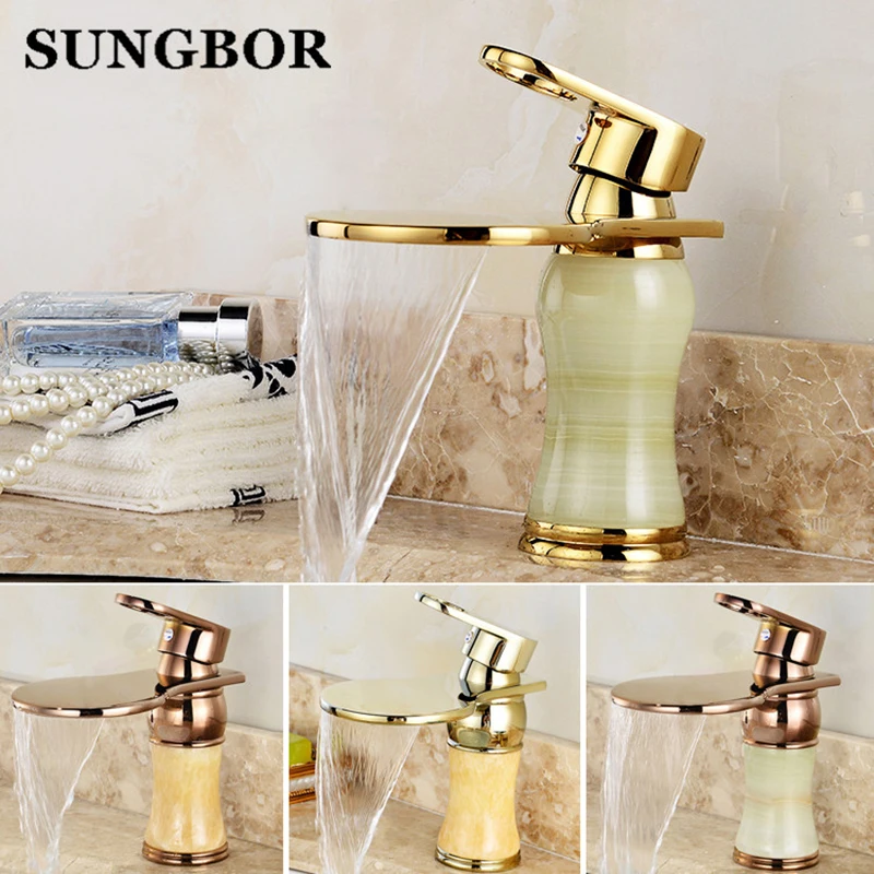 

New arrival top high quality jade body single lever gold Hot and Cold bathroom sink waterfall faucet basin tap AL-7162K