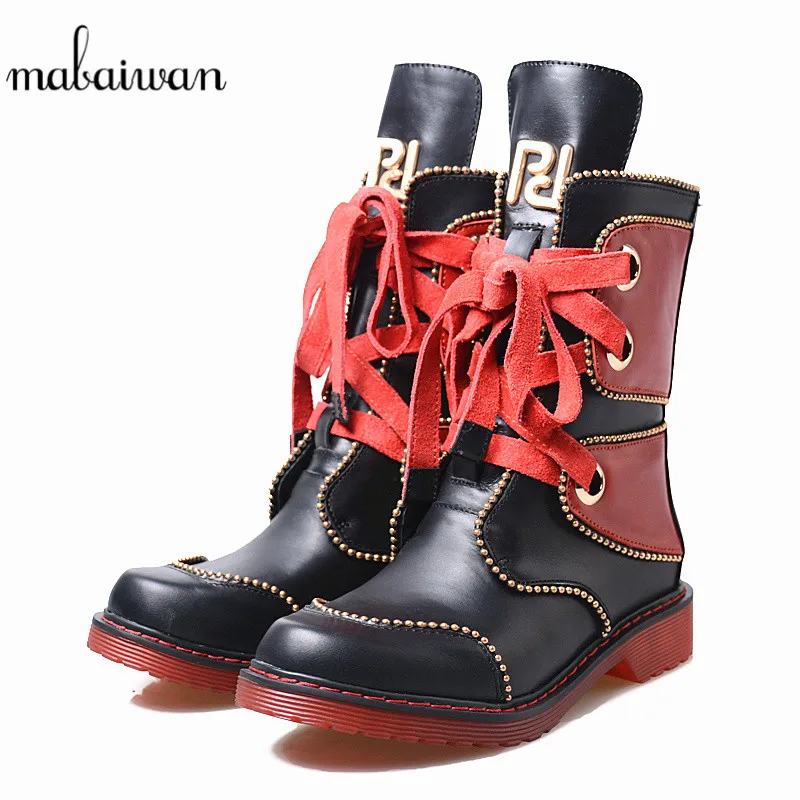 

Mabaiwan Black Women Shoes Riding Winter Ankle Boots Genuine Leather Square Low With Shoes Woman Lace Up Gladiator Short Boots