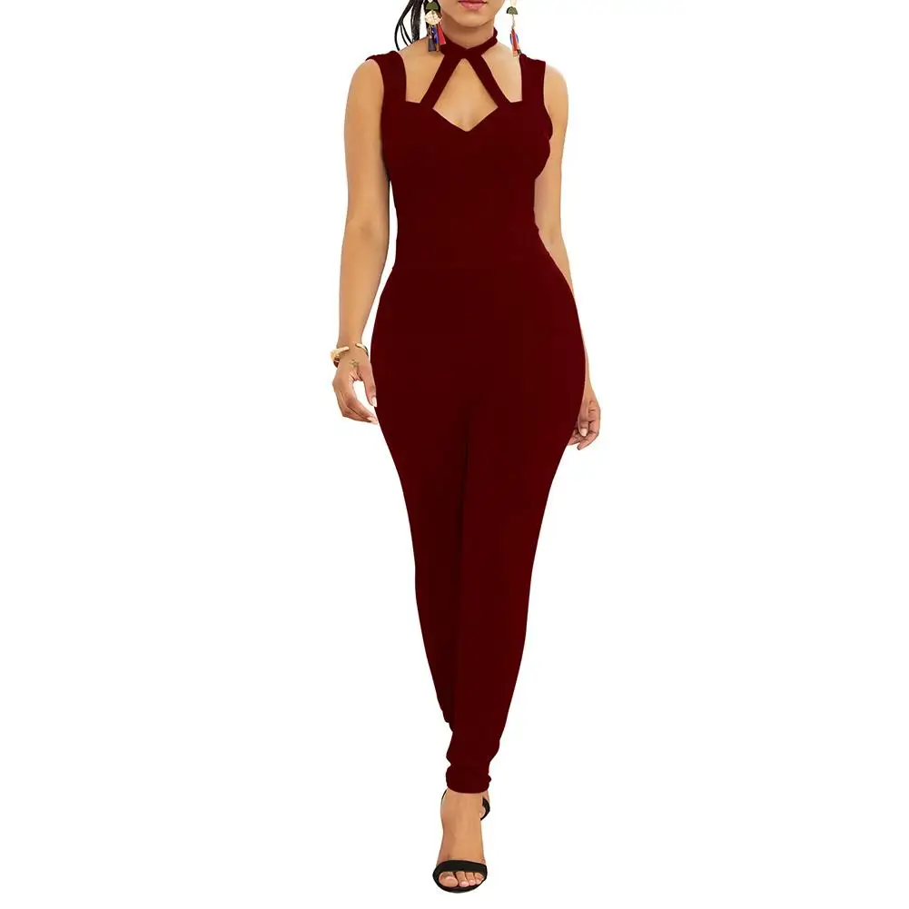 

Sexy Lady Solid Color V Neck Sleeveless Long Pants Jumpsuit Backless Slim Romper fashion