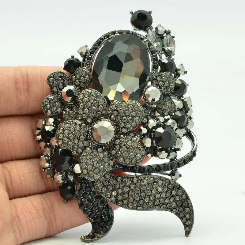 Fashion Women's Jewelry Elegant Black Flower Brooch Pins Rhinestone