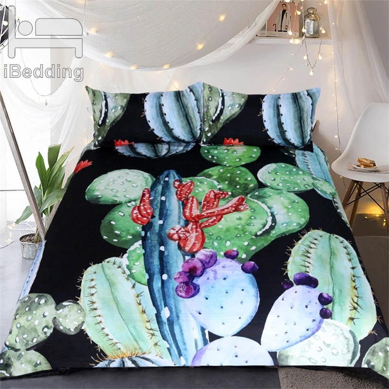 

3Pcs/Set Cactus Plant Printed Black Bedding Set King Queen Twin Size Luxury Tropical Plants Bed Duvet Cover