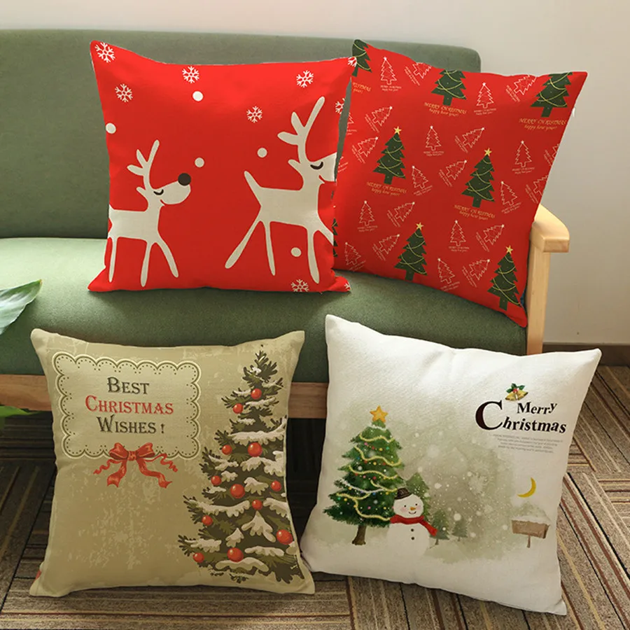 

Christmas Cushion Cover Christmas Decorative Xmas Tree Santa Claus Print Cotton Linen Home Sofa Throw Pillows Cover Pillowsham