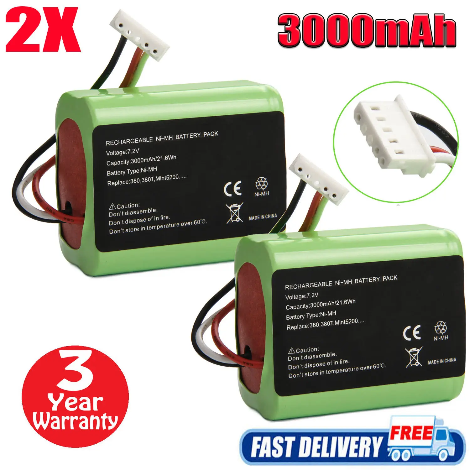 

2Pcs 7.2V Battery for Irobot Braava 380 380T Mint 5200 5200B 5200C Fast USA Ship