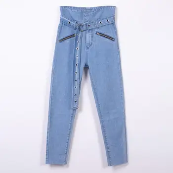 

Fashion Woman's JeansAutumn High Waist Pockets Zipper Pencil Denim Pants Slim Fit Jeans