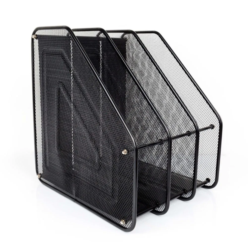 تخزين سهلة تجميع الأسود الدفاتر الكتب منظم سطح المكتب مجلد الثلاثي رف حامل المجلات المنزل قماش شبكي زخرفي المعادن