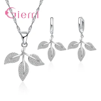 

Gorgeous Gift 925 Sterling Silver Jewelry Crystal CZ Leaf Shape Pendant Woman Necklace Drop Earring Wedding Set Wholesale