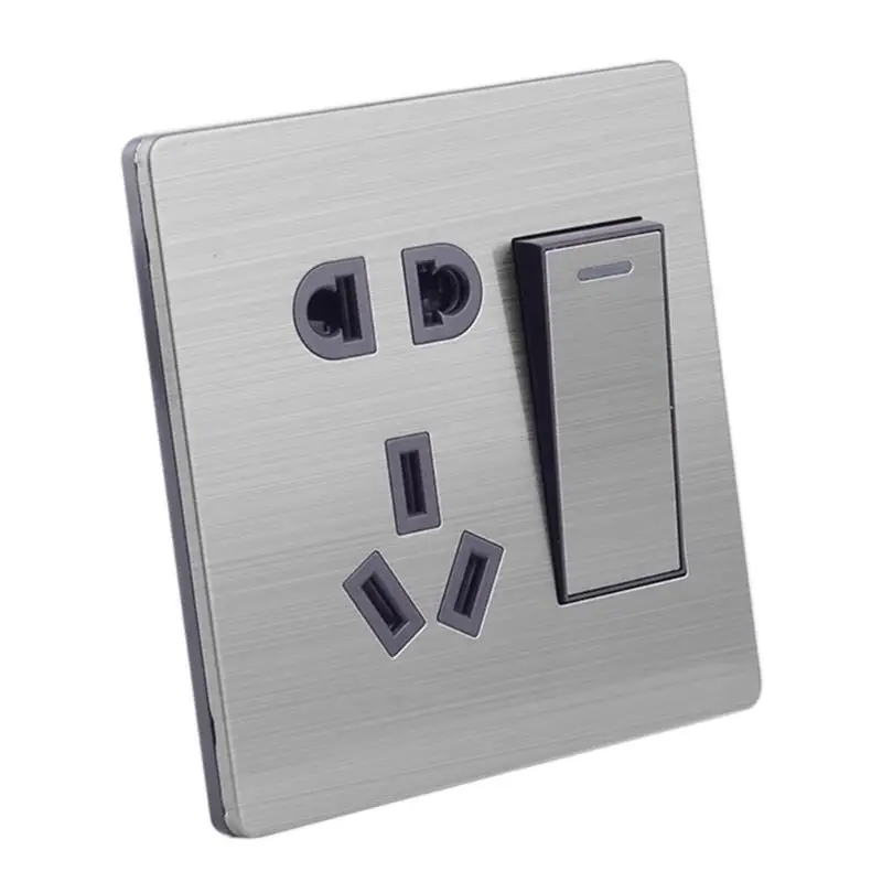 

New Wall Socket Stainless Steel Wire 5 Holes Double Control Panel Switch Socket Wall Outlet Smart Home Wholesale 50-220V