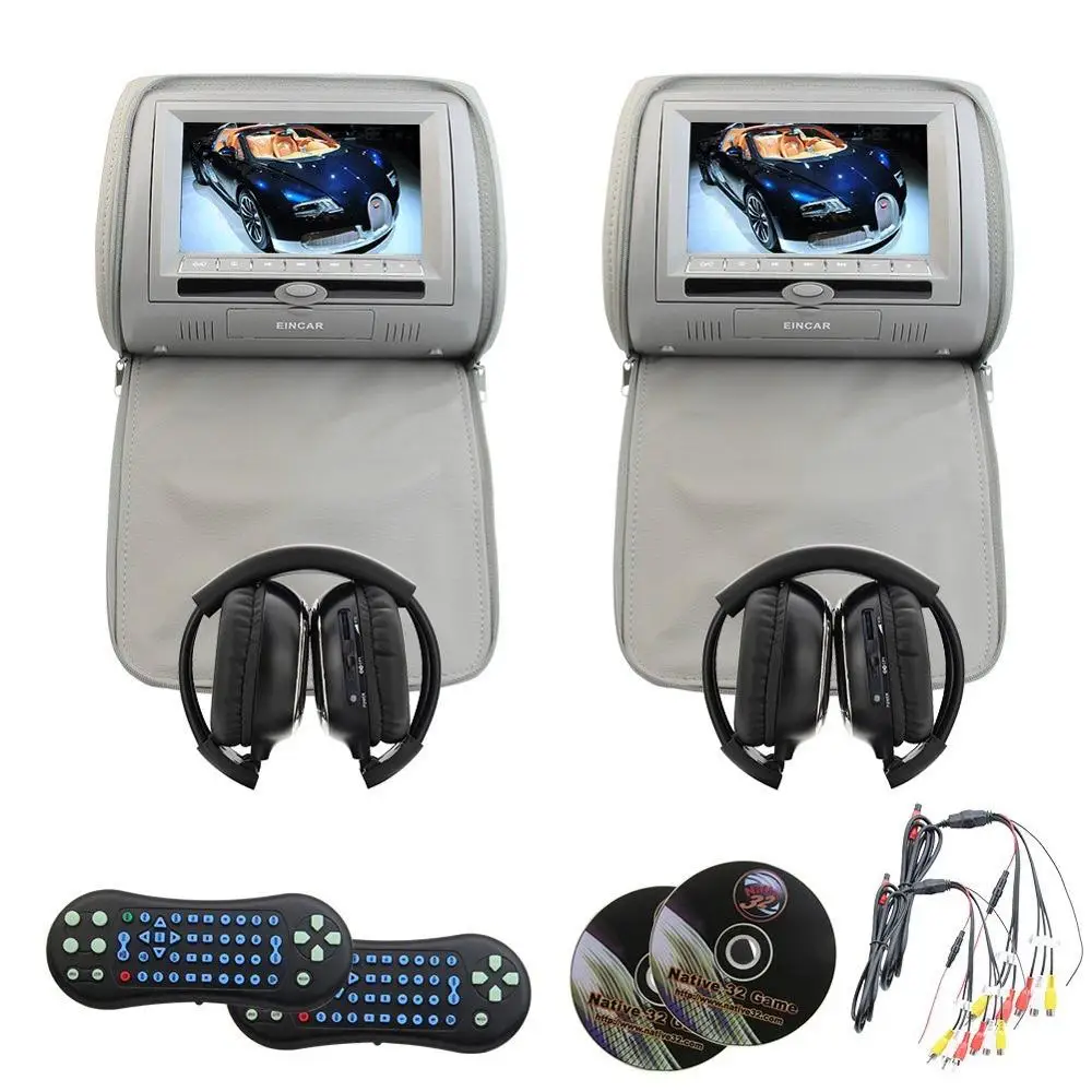 

Eincar Pair LCD Dual Screen Headrest cd DVD player USB/SD/MP3/MP4 Support 32 bit Games FM transmitter IR monitor+2 IR headphones