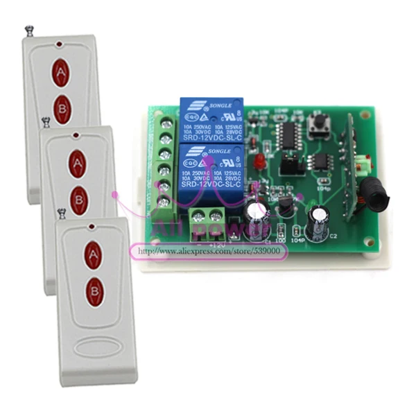 

12V 2CH RF Remote Control Switch Wireless Remote System 315/433 MHZ 3 Transmitters And 1 Receiver