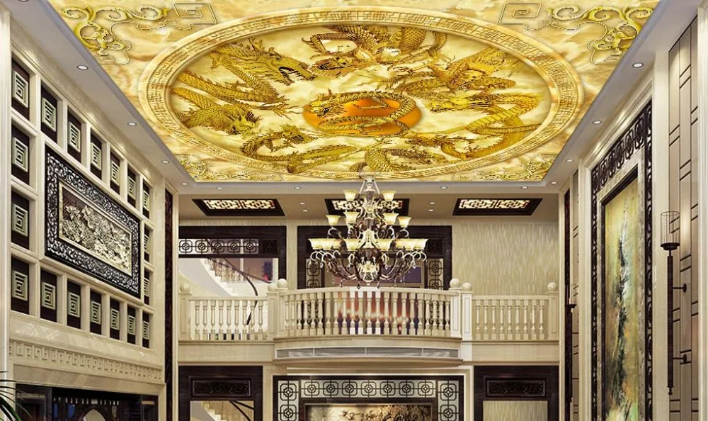 

custom 3d ceiling murals Kowloon play imitation jade carving 3d wallpaper ceiling 3d photo murals ceiling for living room