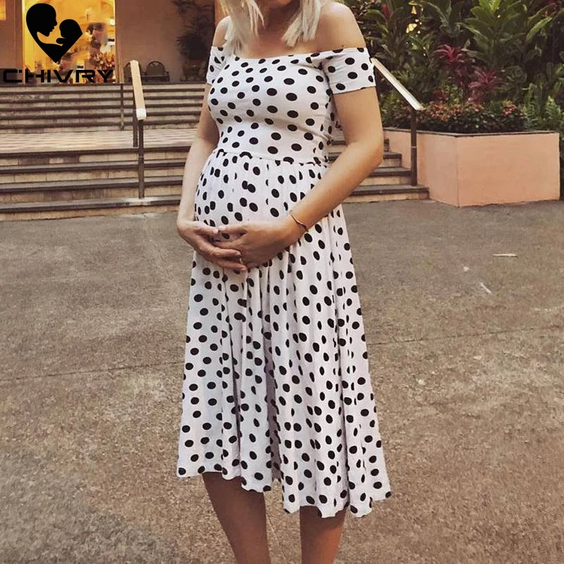 

Chivry 2019 New Maternity Dresses Pregnancy Clothes Women Sexy Slash Neck Dot Print Dress Mom Pregnant Vetidos De Maternidad