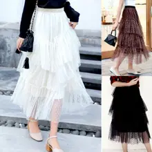 Женская высокая талия кружева сетки длинные юбки для дам плиссированные Многослойные кружевные юбки мода