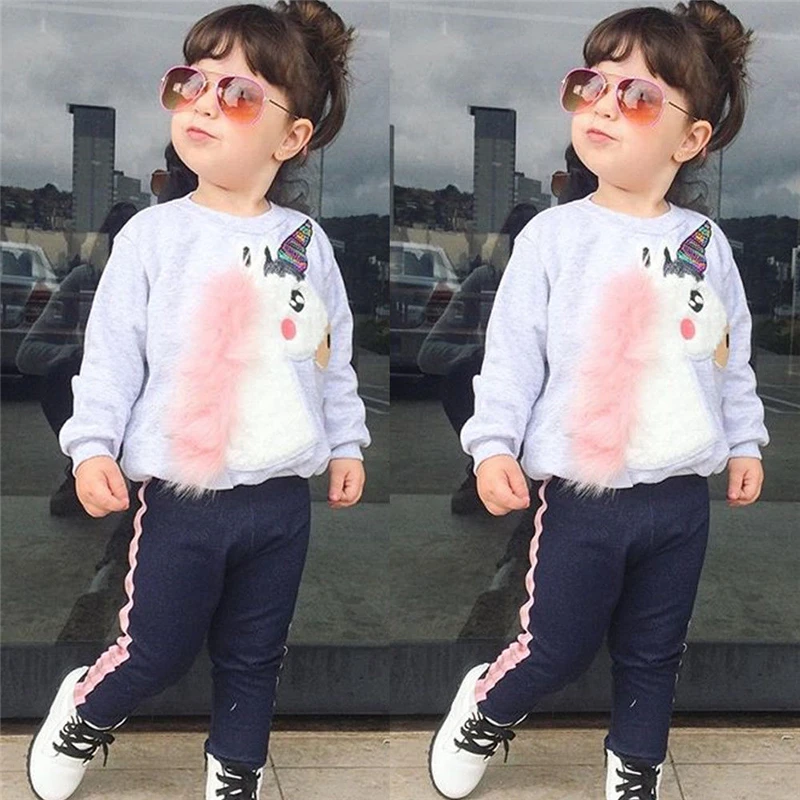 

2PCSPrincess Kids Baby Girls Unicorn Sweatshirt Sets Clothes Cartoon Tops+ Striped Pants 2PCS Outfits Sets