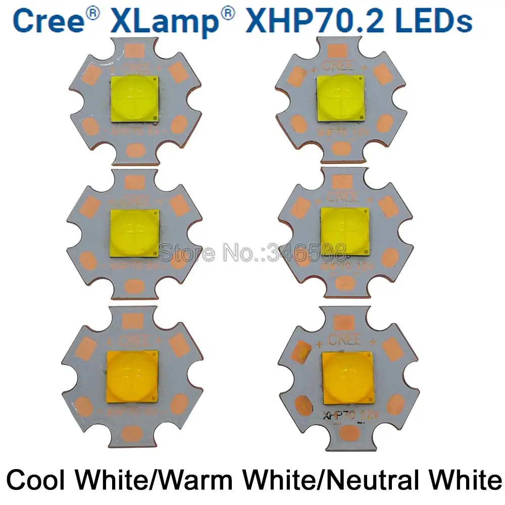 

Cree XHP70.2 Cool White / Neutral White / Warm White High Power LED Emitter With 20mm/16mm Copper PCB 12V 6V Input 29W 4292lm