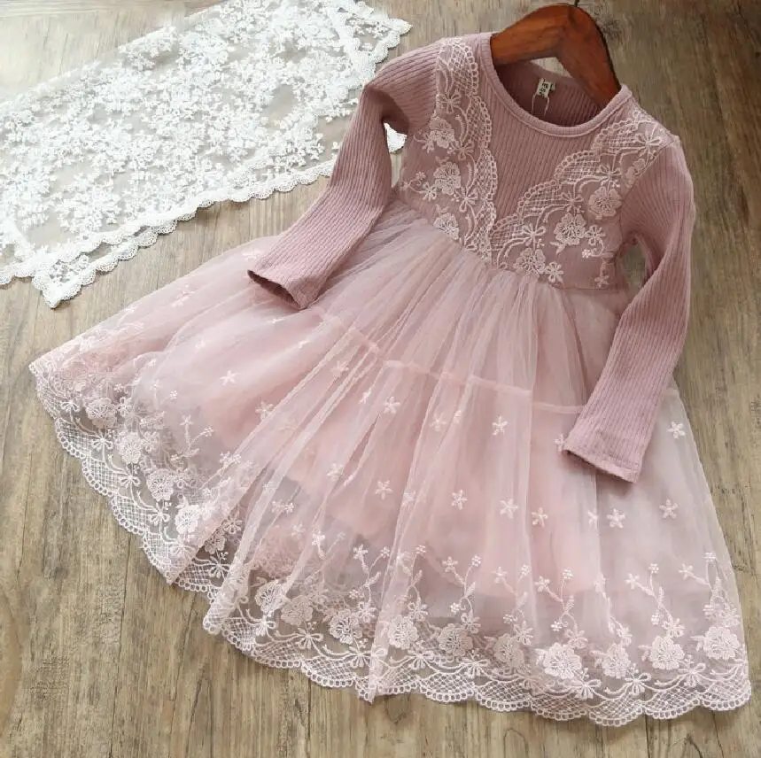 Girls Christmas Flower Lace Long Sleeve Dress Kids Clothes For Baby Princess Spring Autumn Party Gown Children Wedding Wear 2-7Y | Детская