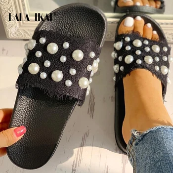 

LALA IKAI Women Slippers Summer Beaded Lace Patchwork Slippers Ladies Outdoor Beach Slides Fashion Pearls Flat Shoes 014A3759-4