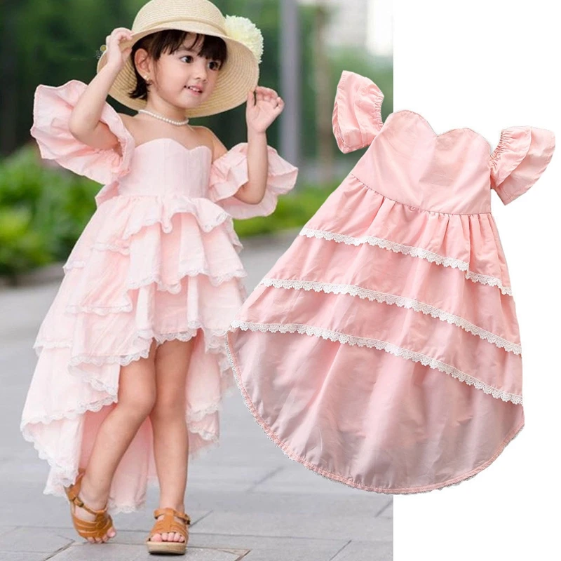

2019 Summer Children's Girls Solid Color Lace Side Word Shoulder Princess Dress Wedding Swallowtail Cake Dresses vestidos
